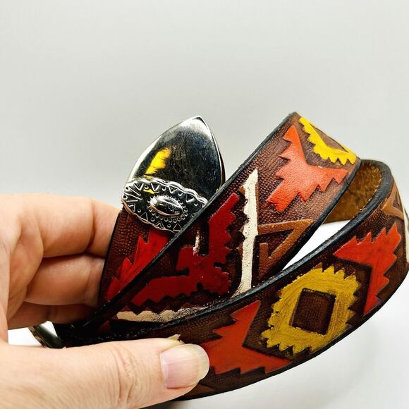 Vintage Milor Tooled Leather Belt Southwest Thunderbird Aztec Size Small 1980s - Picture 2 of 12